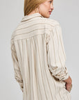 Back view of Gentle Fawn Portia linen button down shirt in neutral stripe fabric