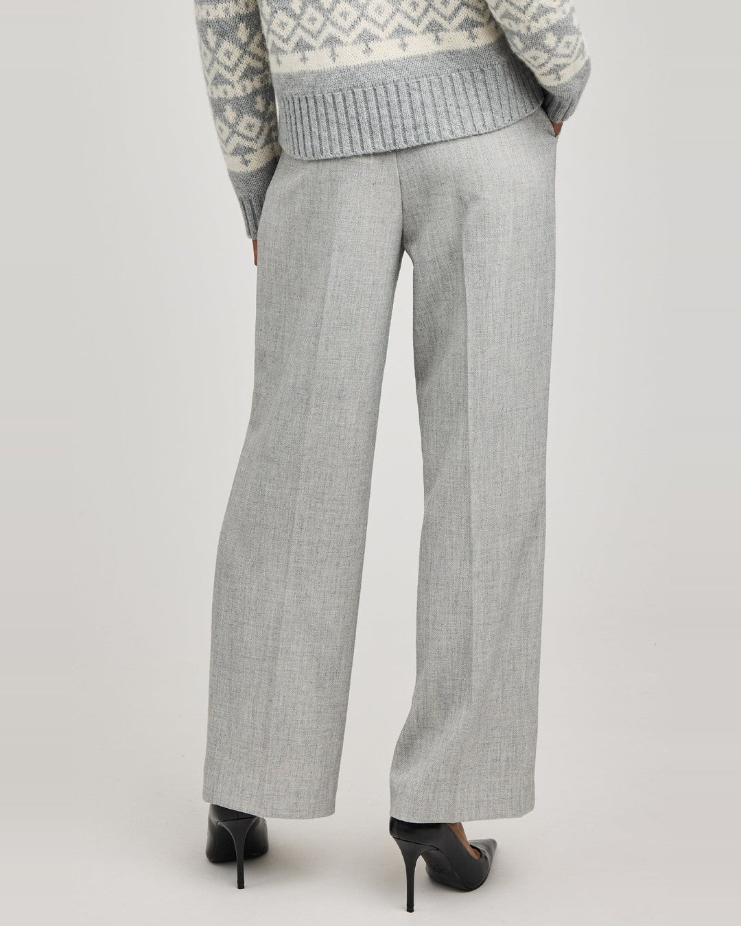 Back view of the heather grey Trina Pants showing the straight trouser leg