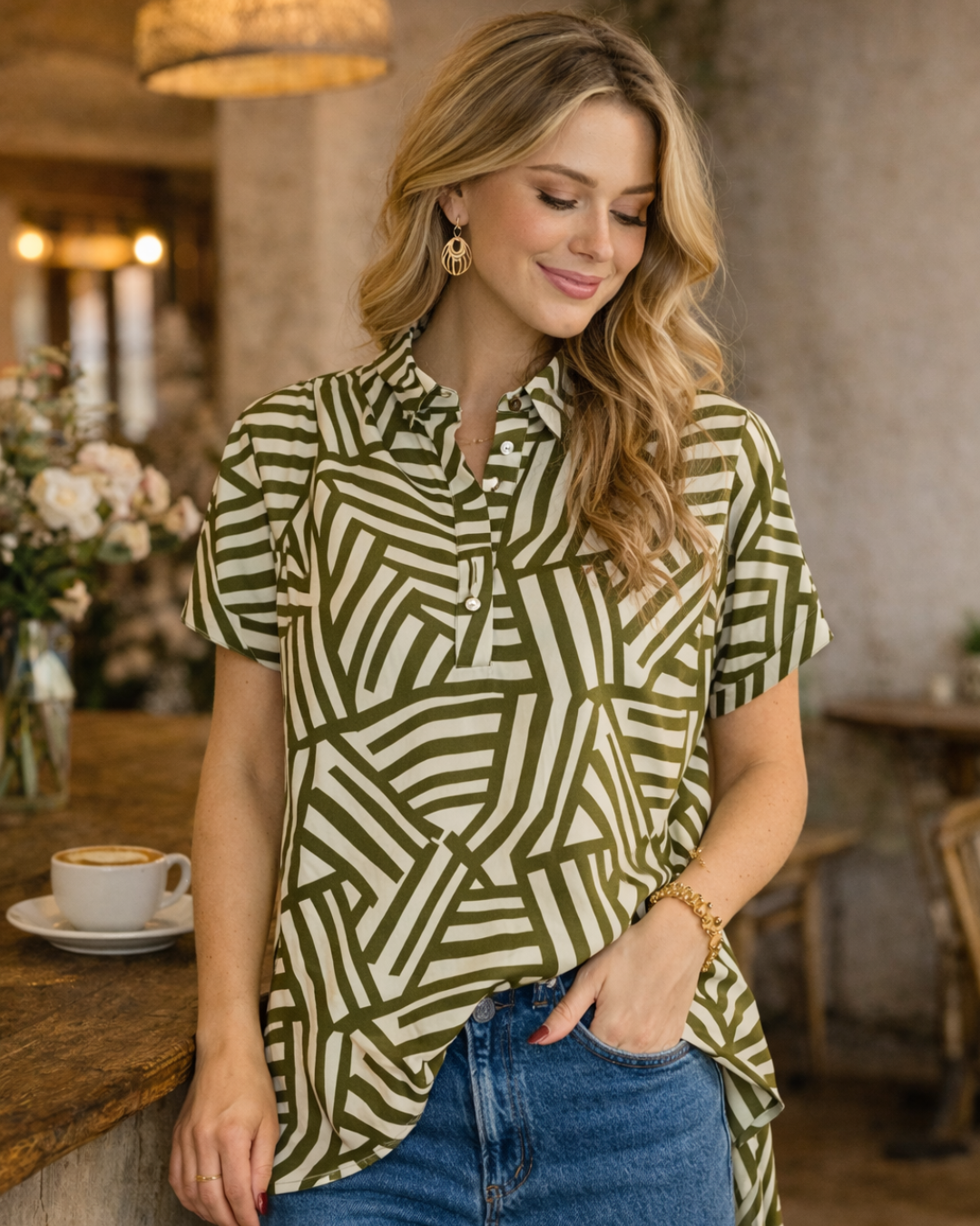 Geometric button down blouse in olive styled with denim jeans, women's lightweight printed blouse with structured collar and relaxed fit