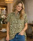 Geometric button down blouse in olive styled with denim jeans, women's lightweight printed blouse with structured collar and relaxed fit