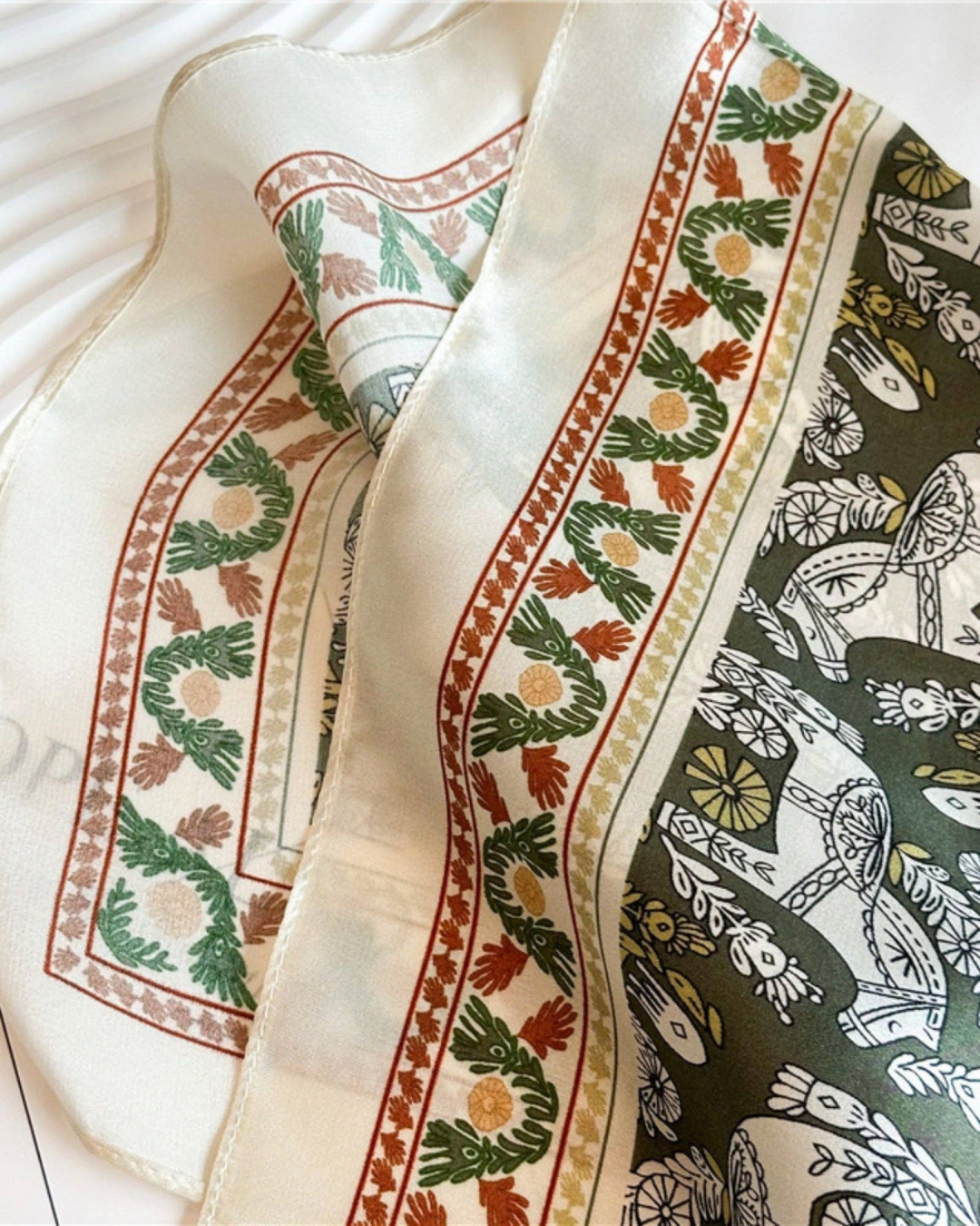 Greek Horse Mulberry Silk Scarf in olive and ivory with equestrian-inspired print
