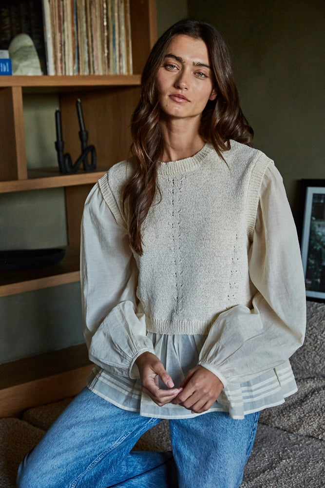 Heirloom knit layered blouse with puff sleeves and textured overlay