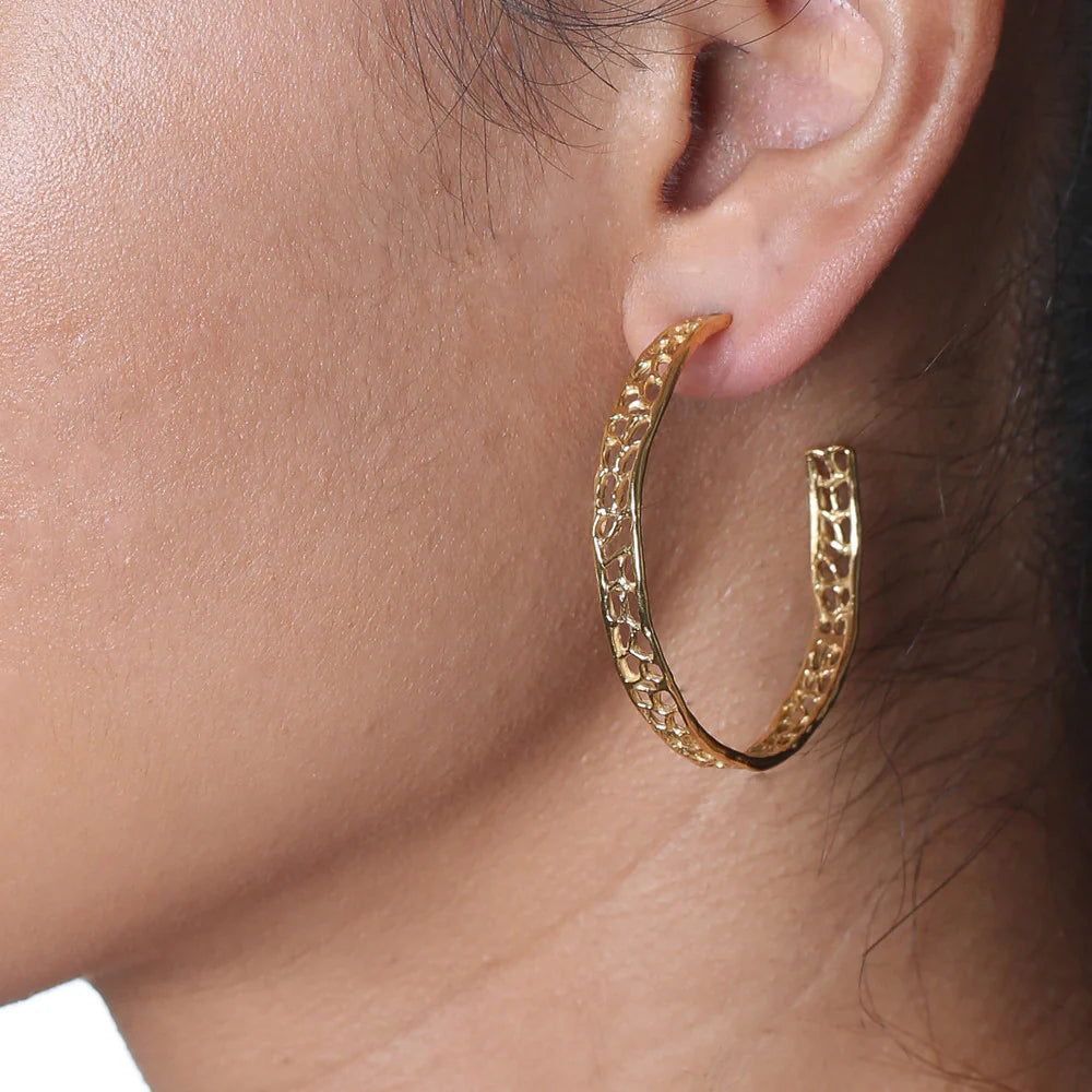 Gold coral-inspired hoop earrings with organic marine texture