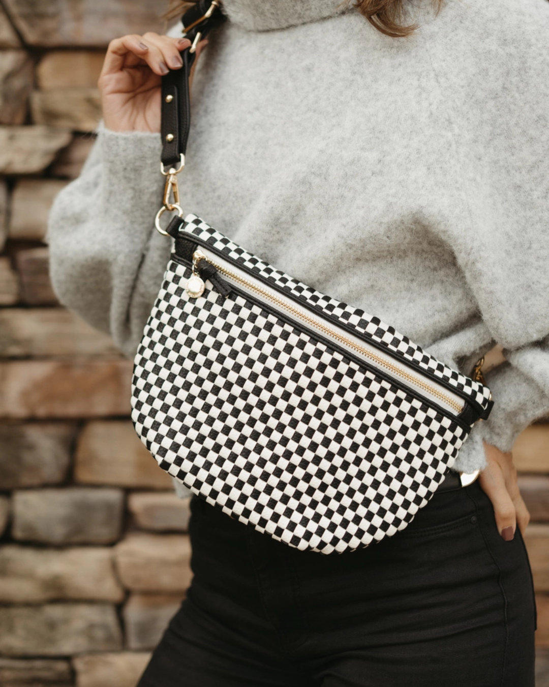 Black checkered woven vegan leather crossbody bag