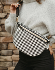 Black checkered woven vegan leather crossbody bag