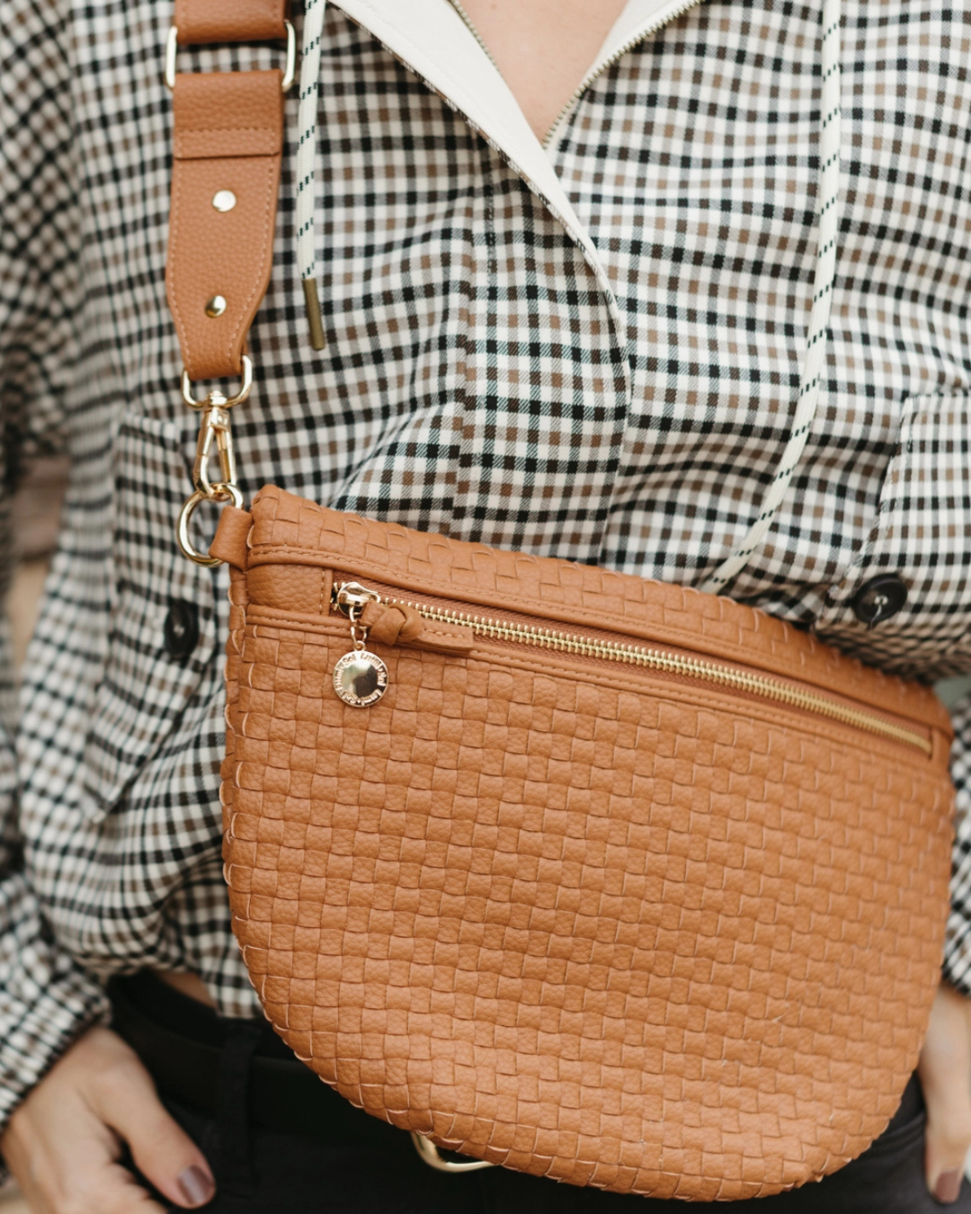 Clay woven vegan leather crossbody bag with adjustable strap