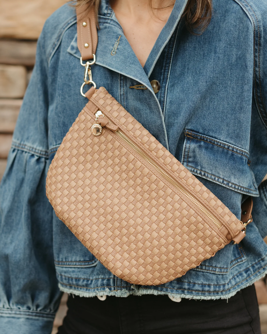 Honey checkered woven vegan leather crossbody bag