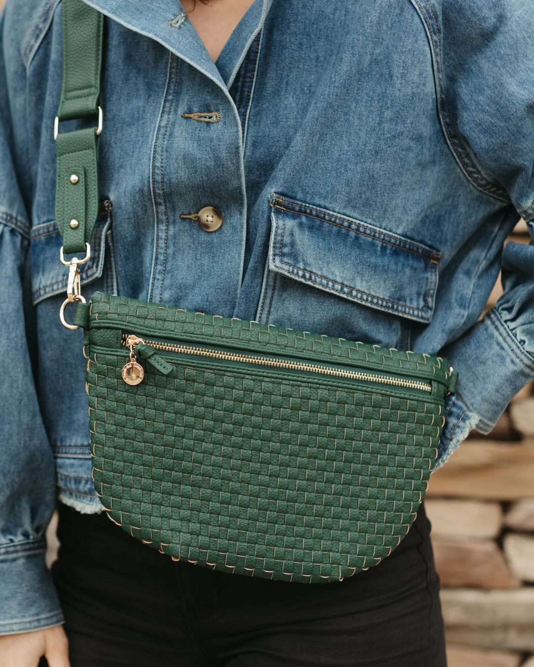 Hunter green woven vegan leather crossbody bag