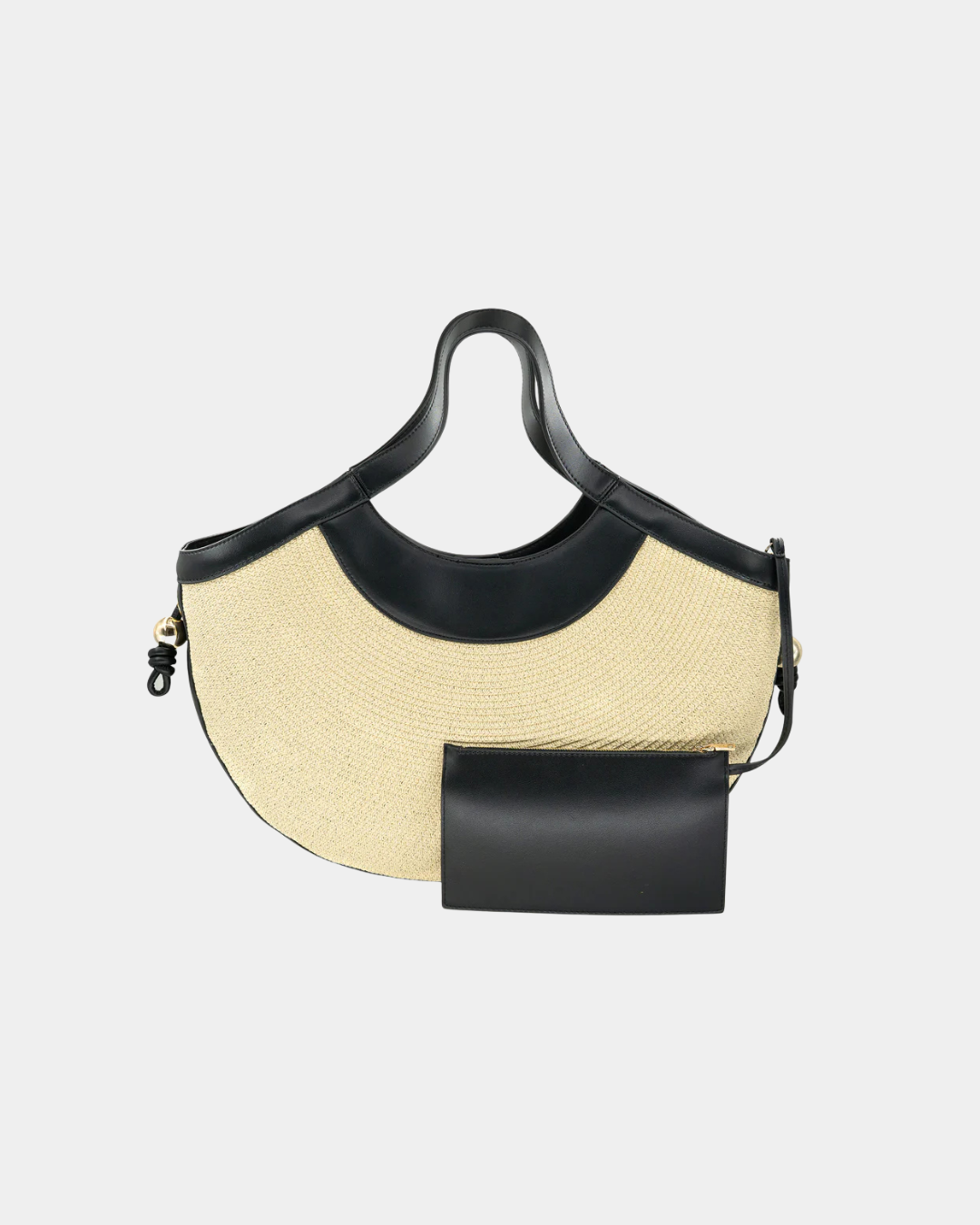 Luna raffia half moon tote with faux leather trim and removable pouch displayed on a neutral background.