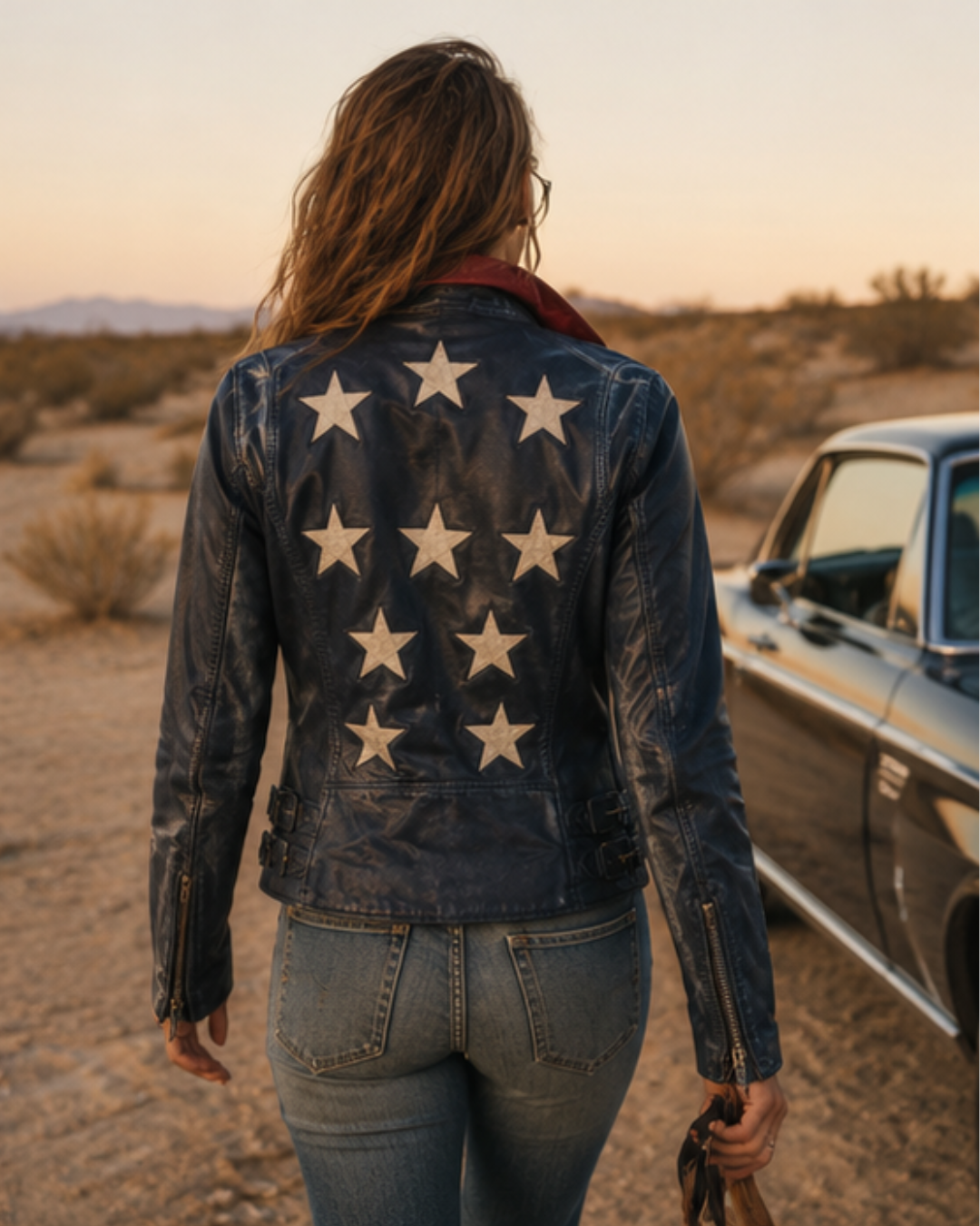 Back view of the Mauritius Christy navy leather jacket showcasing the signature multicolor star appliqué design.