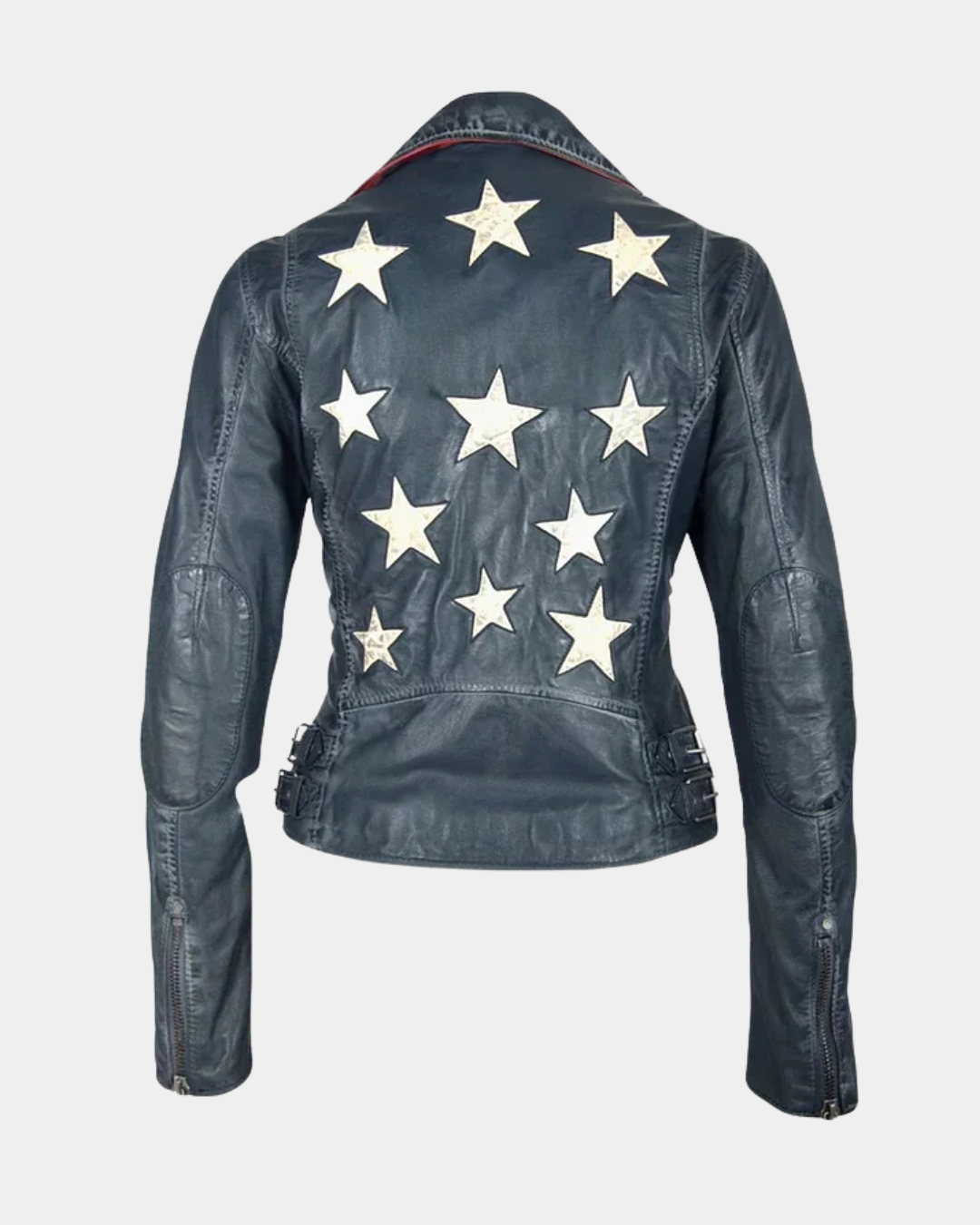 Back view of the Mauritius Christy navy leather jacket featuring signature star detailing and distressed finishes.