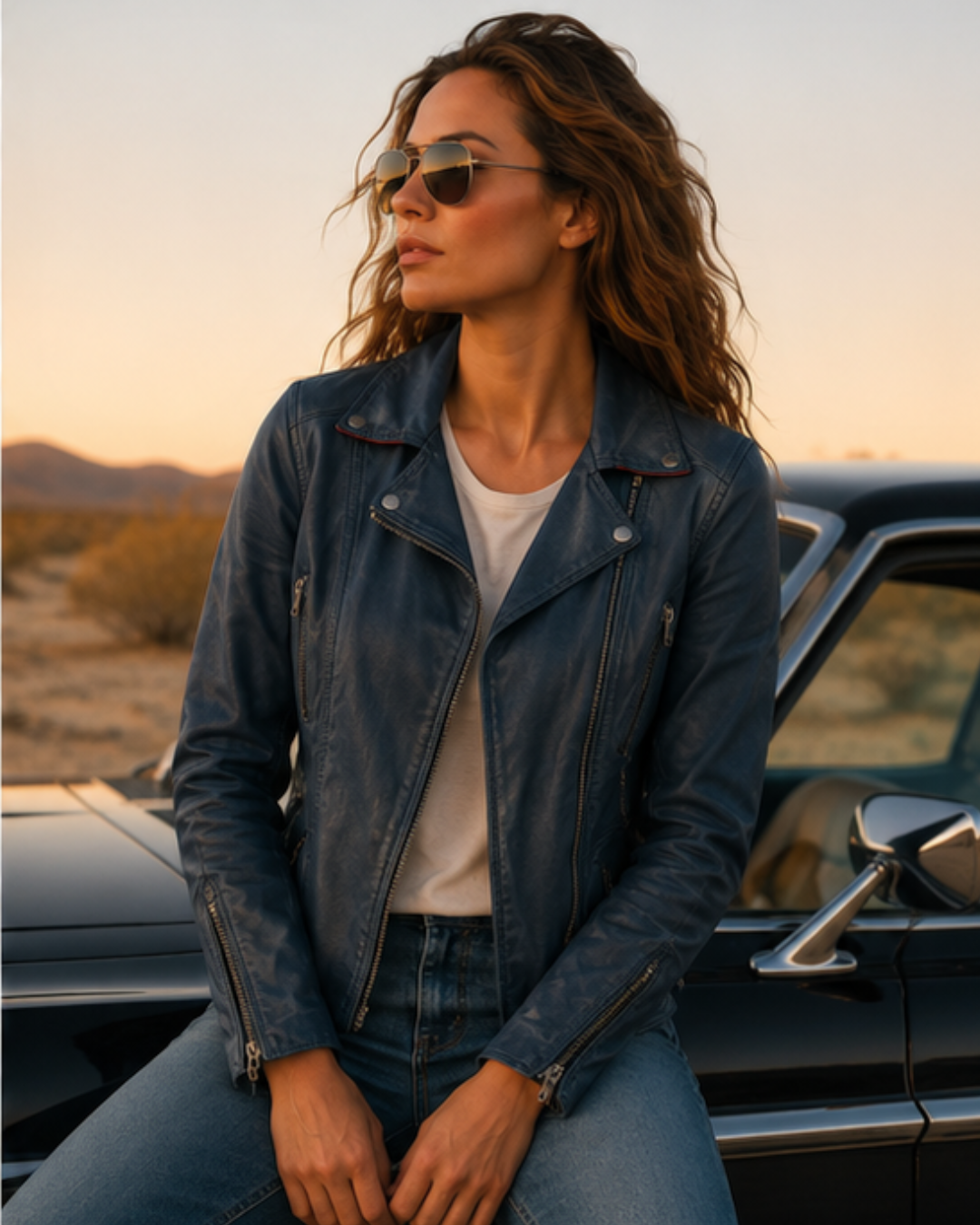 Women's Mauritius Christy navy lambskin leather jacket with signature star detailing, modeled outdoors in a lifestyle setting.