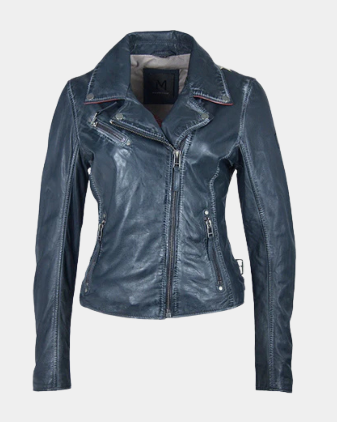 Front view of the Mauritius Christy navy leather jacket crafted from vegetable-tanned lambskin leather.