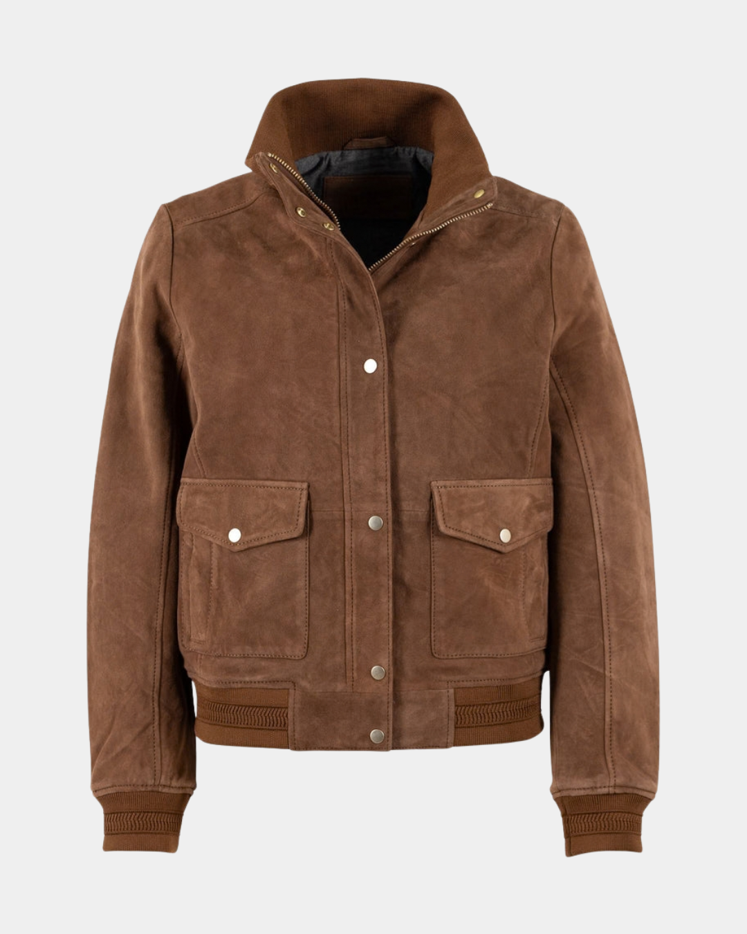 Front view of the Mauritius Darija Suede Jacket in Whiskey with flap pockets and ribbed trim