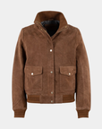 Front view of the Mauritius Darija Suede Jacket in Whiskey with flap pockets and ribbed trim