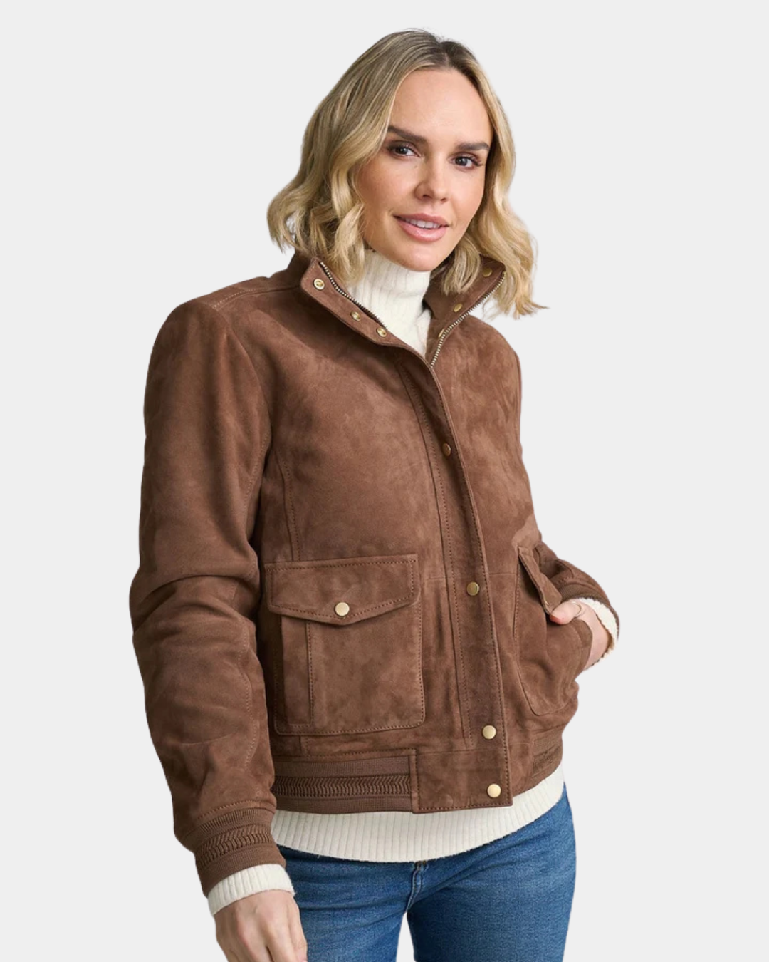 Mauritius Darija women's suede jacket in Whiskey styled on model