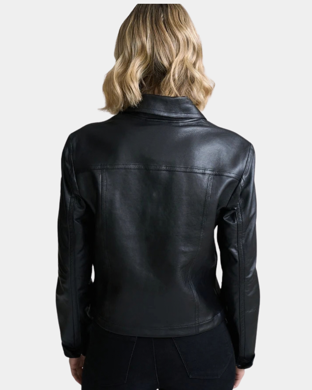 Back view of the Mauritius Lefei Leather Shirt Jacket in Black styled on model