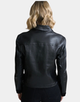 Back view of the Mauritius Lefei Leather Shirt Jacket in Black styled on model
