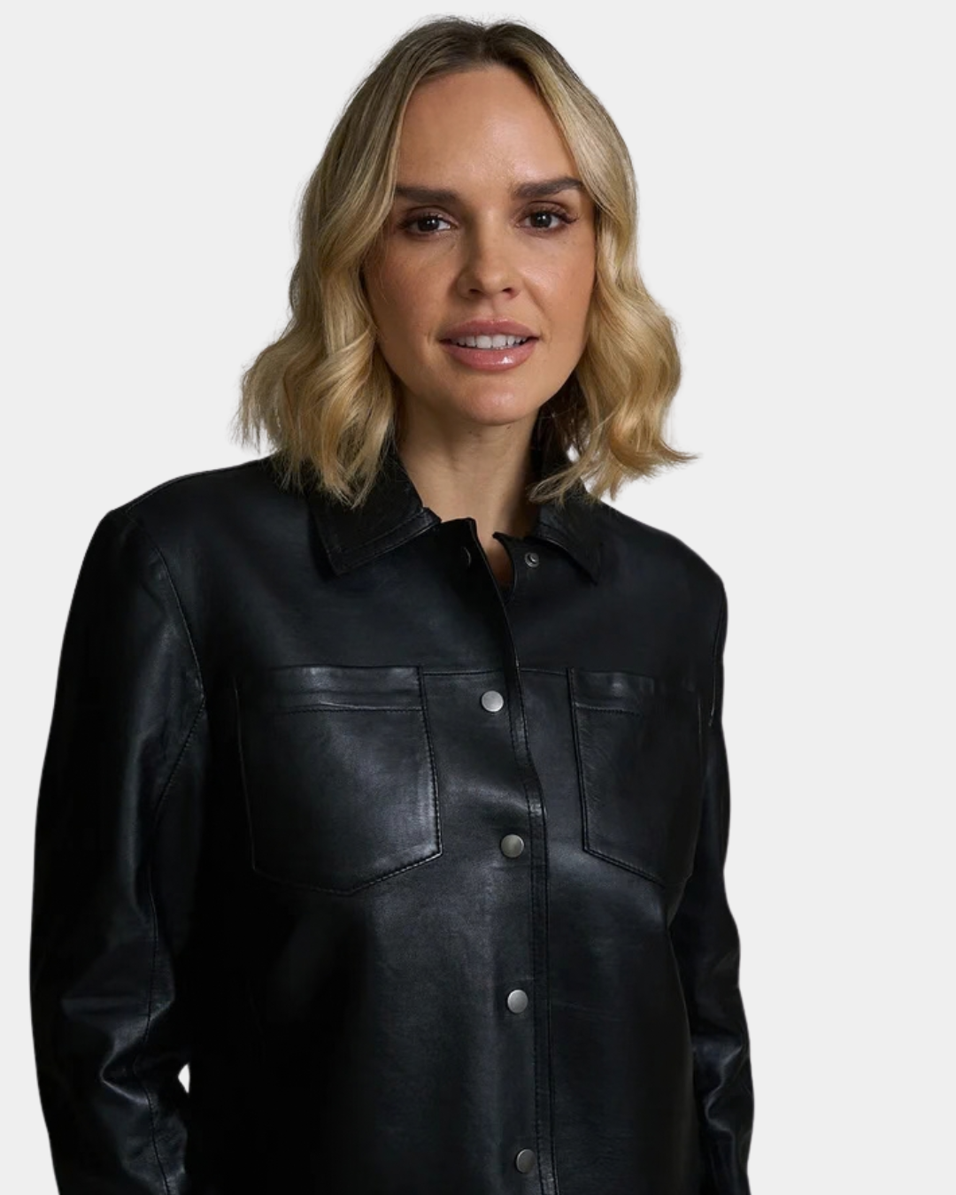 Front detail of the Mauritius Lefei Leather Shirt Jacket in Black showing the collar, snap front and chest pockets