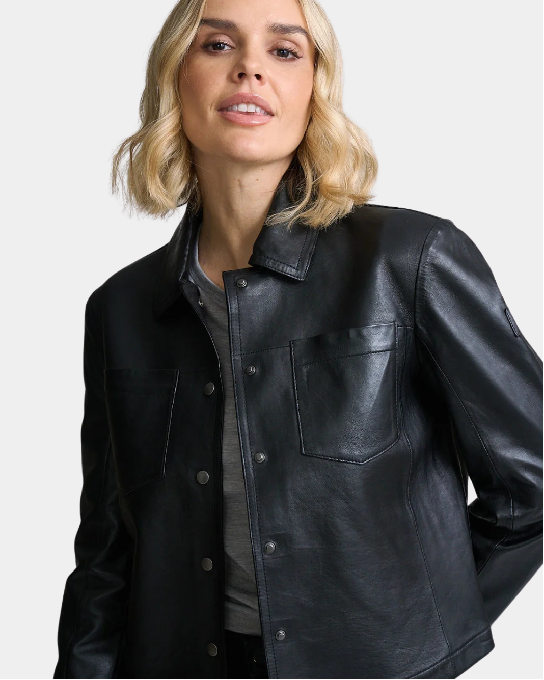 Front view of the Mauritius Lefei Leather Shirt Jacket in Black with snap closure and chest pockets