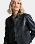 Front view of the Mauritius Lefei Leather Shirt Jacket in Black with snap closure and chest pockets