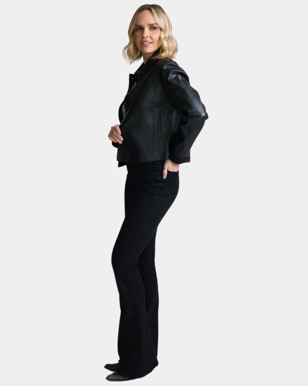 Side view of the Mauritius Lefei Leather Shirt Jacket in Black styled on model