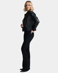 Side view of the Mauritius Lefei Leather Shirt Jacket in Black styled on model