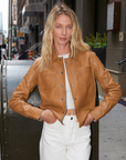 Front view of the Mauritius Lefei Leather Shirt Jacket in Camel styled on model
