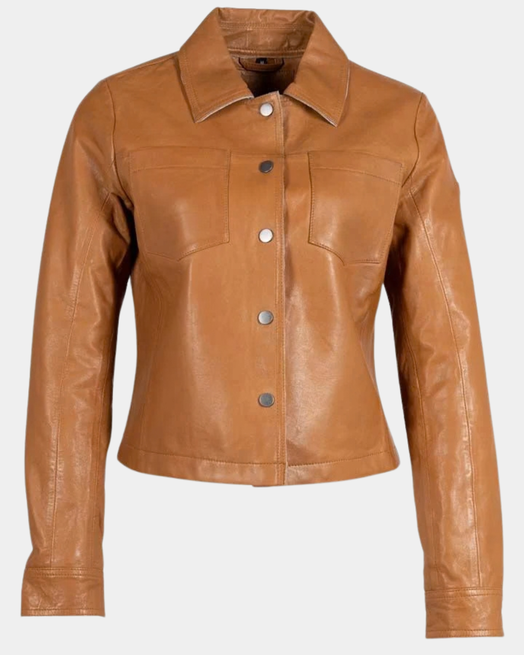 Front view of the Mauritius Lefei Leather Shirt Jacket in Camel with snap front and chest pockets