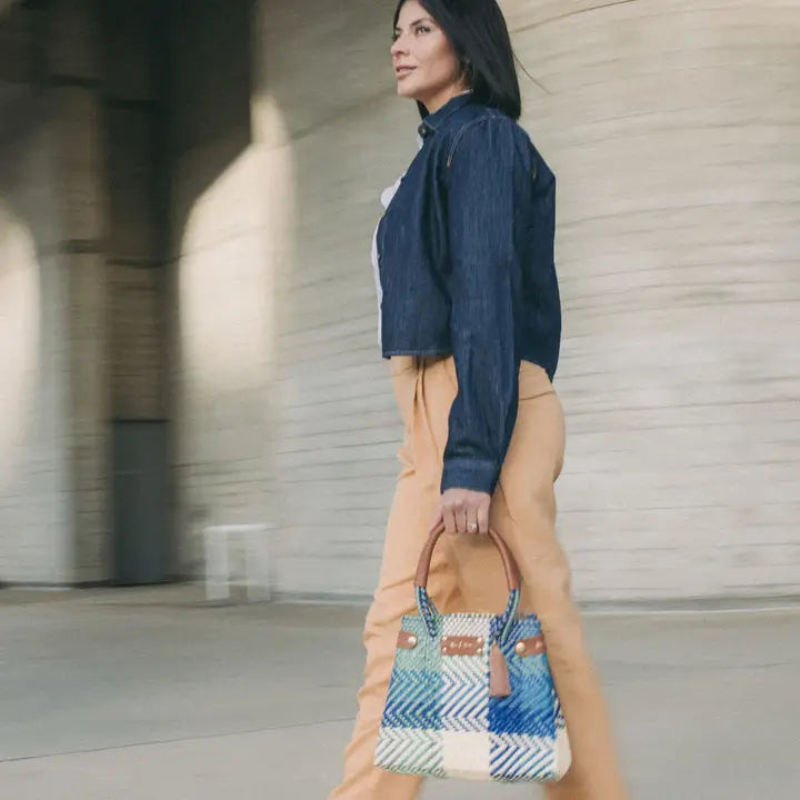 Mini azure sustainable handbag styled for everyday wear