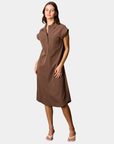 Angled view of the Modern Icon Shift Dress in Chocolate showing the collared neckline and oversized chest pockets