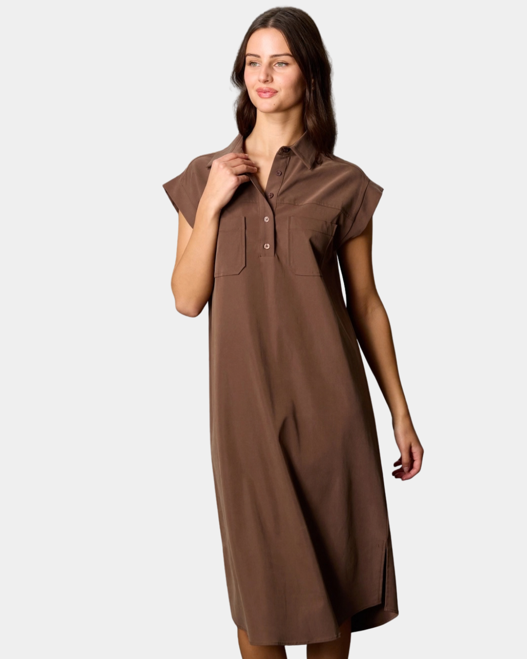 Front detail of the Modern Icon Shift Dress in Chocolate showing the partial button placket and chest pockets