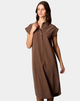 Front detail of the Modern Icon Shift Dress in Chocolate showing the partial button placket and chest pockets