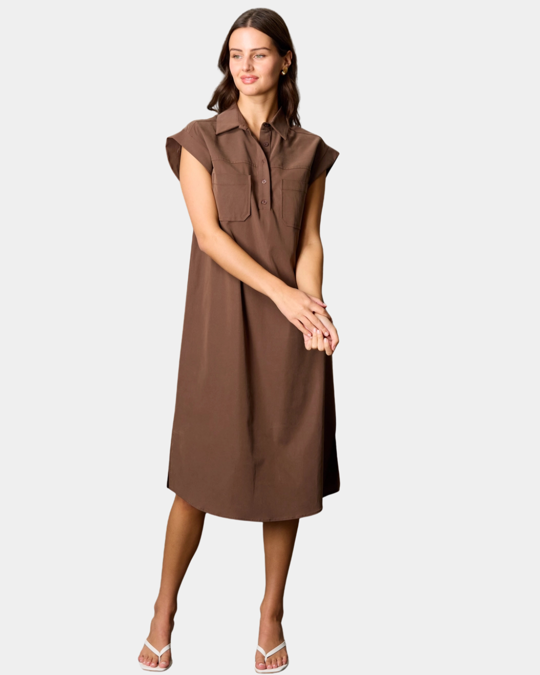 Front view of the Modern Icon Shift Dress in Chocolate with a relaxed midi silhouette