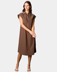 Front view of the Modern Icon Shift Dress in Chocolate with a relaxed midi silhouette