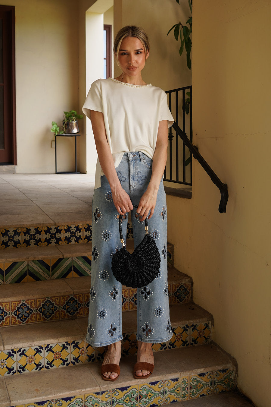 Monaco Pearl Trim Tee styled with pearl detail straight leg jeans for a chic coordinated women's outfit.