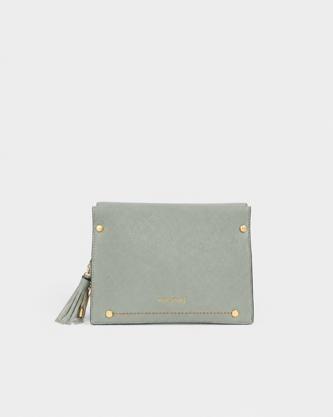 Montemare Blake’s Blue handbag front view with gold hardware, orange contrast stitching and tassel detail.