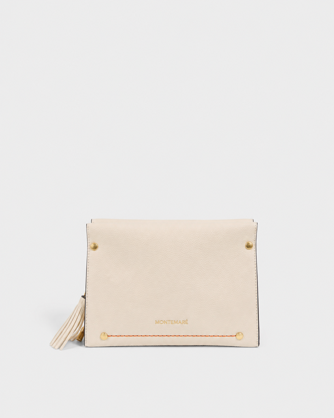Montemare ivory handbag front view with gold hardware, orange contrast stitching and tassel detail.