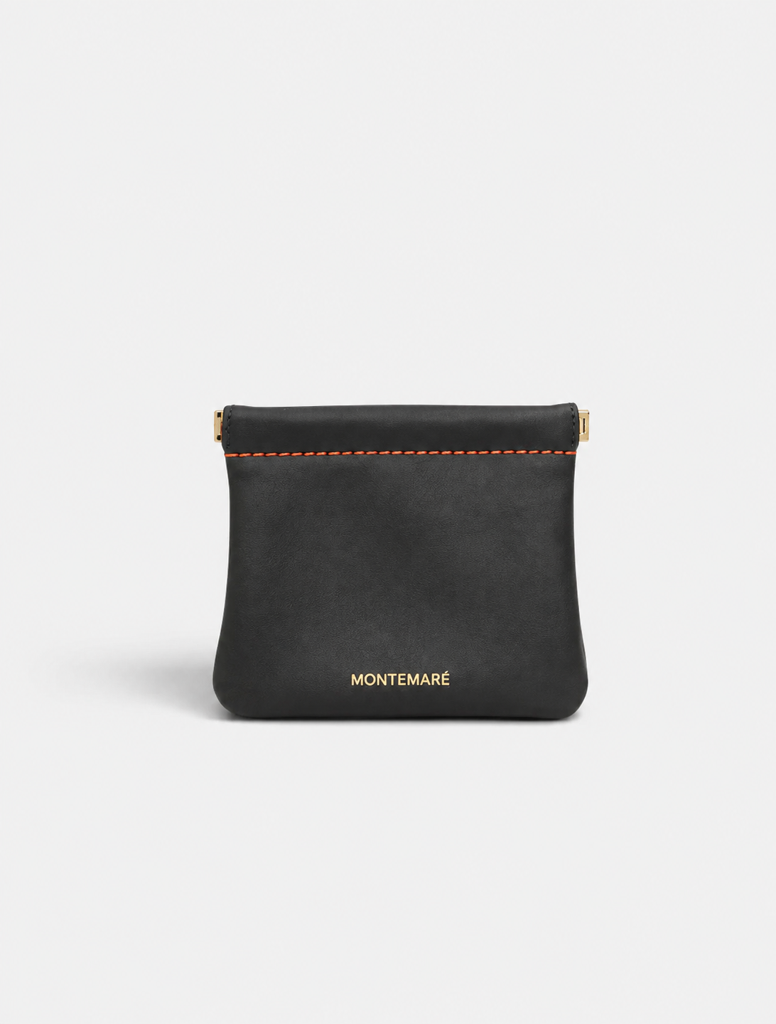Montemare Roma Square Pouch in Slate, front view with orange stitching and gold logo.