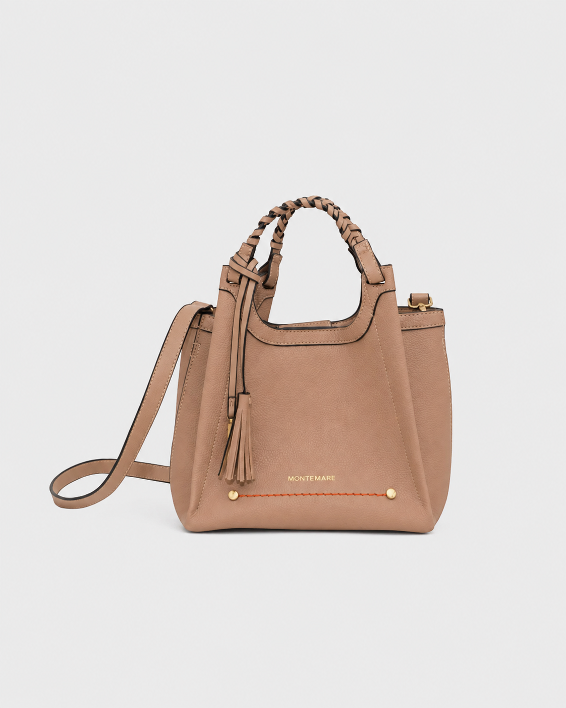 Montemare Sedona Crossbody in Latte featuring braided top handles, removable crossbody strap, tassel detail, gold hardware and orange accent stitching.