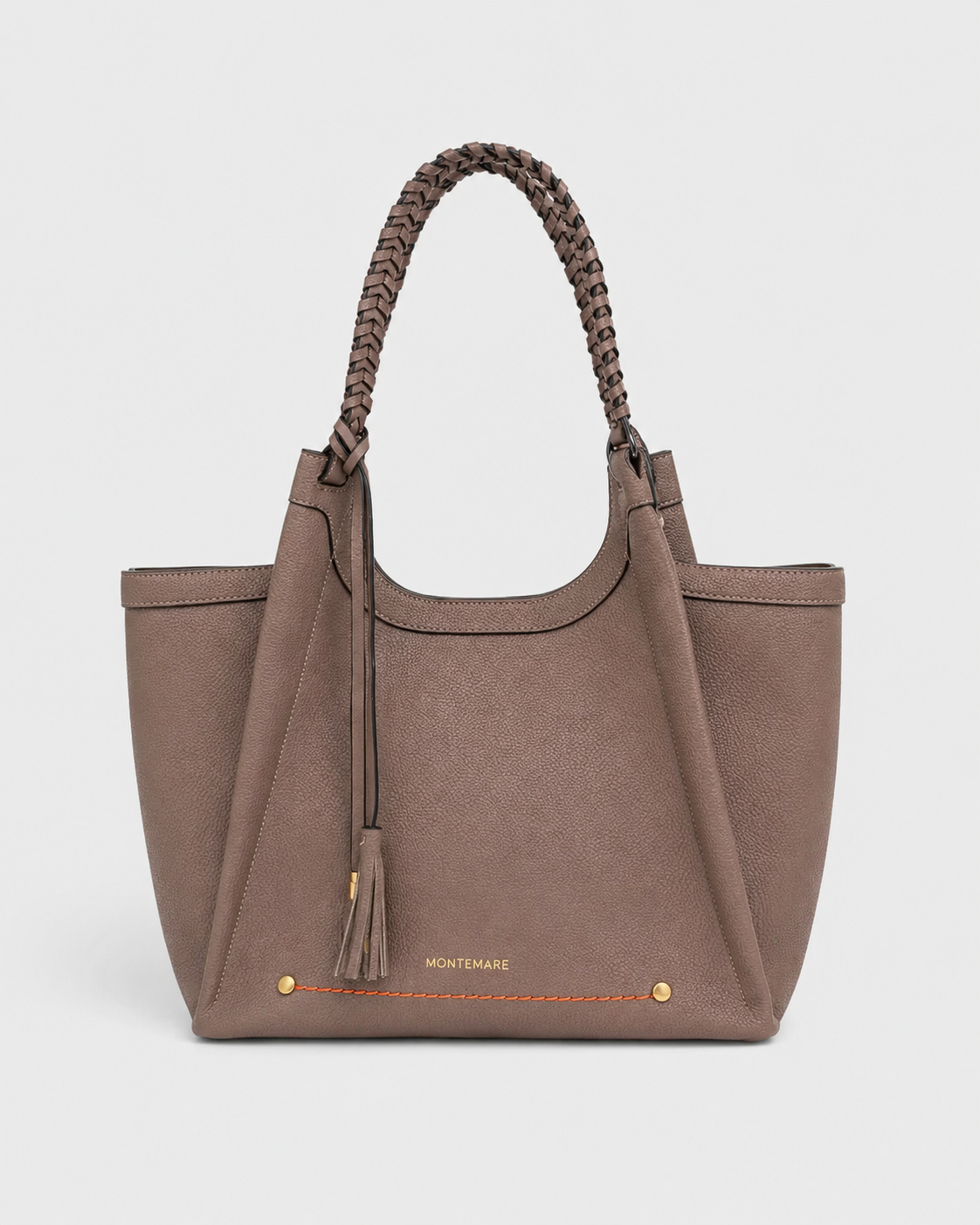 Montemare Sedona Tote in Cocoa Bean front view with braided handles and contrast stitching