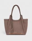 Montemare Sedona Tote in Cocoa Bean front view with braided handles and contrast stitching