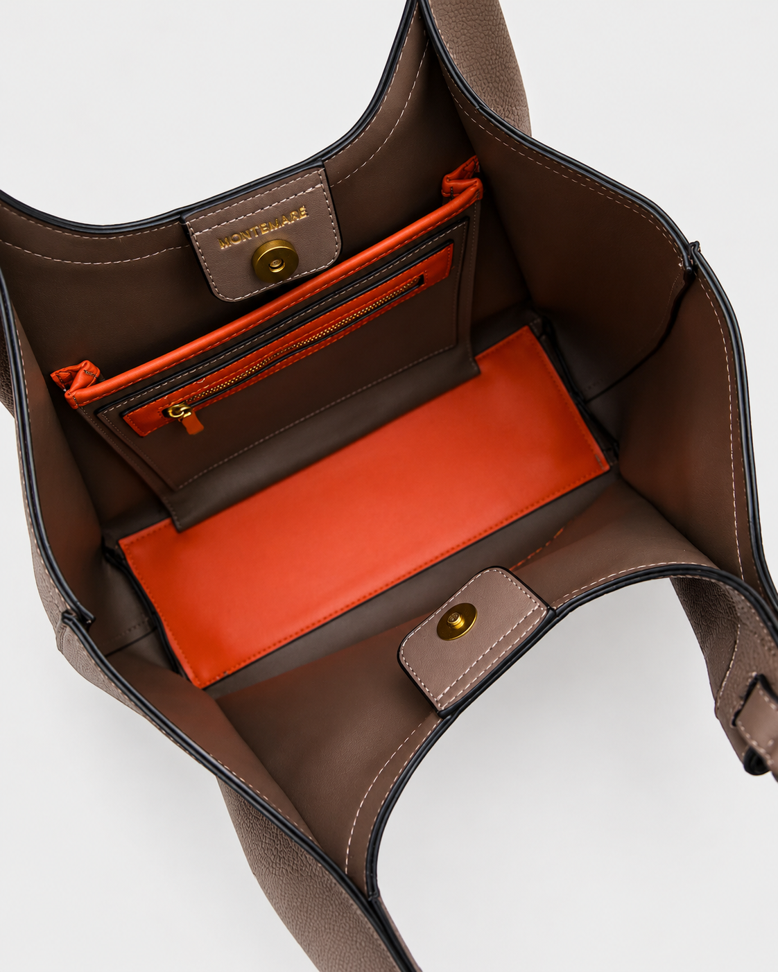 Montemare Sedona Tote in Cocoa Bean interior view with orange contrast lining and zip pocket