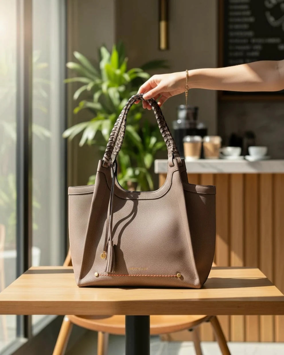Montemare Sedona Tote in Cocoa Bean styled as an everyday carryall lifestyle look