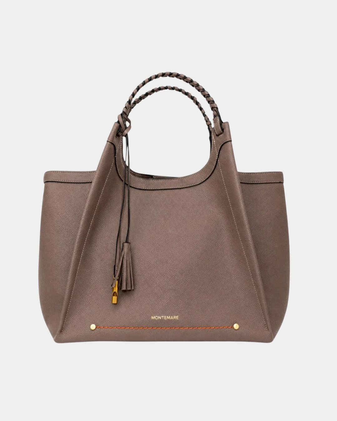 Front view of Montemare Sedona Work Tote in Cocoa Bean with braided handles, tassel and gold-tone details