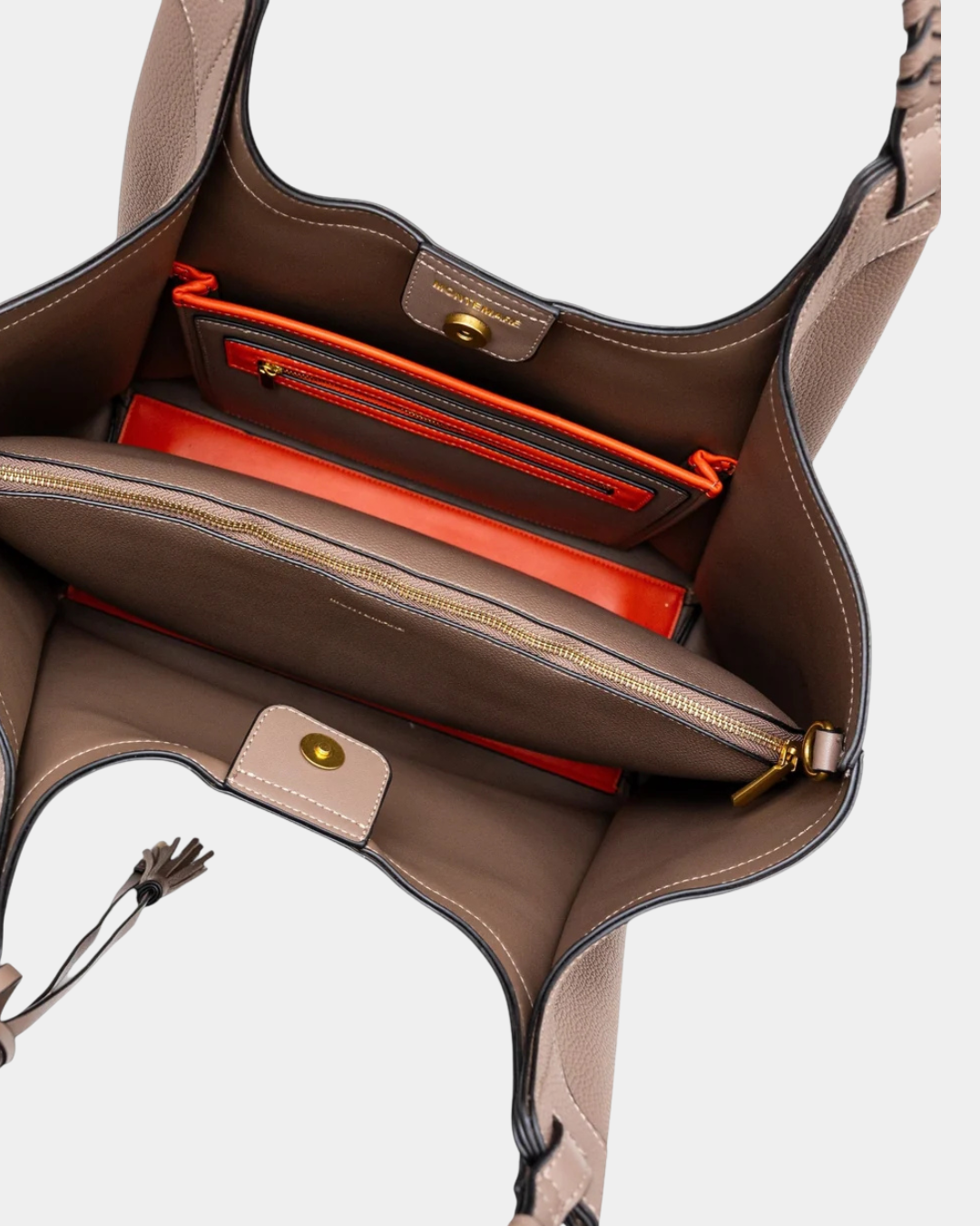 Montemare Sedona Work Tote in Cocoa Bean showing interior compartments and removable zippered pouch
