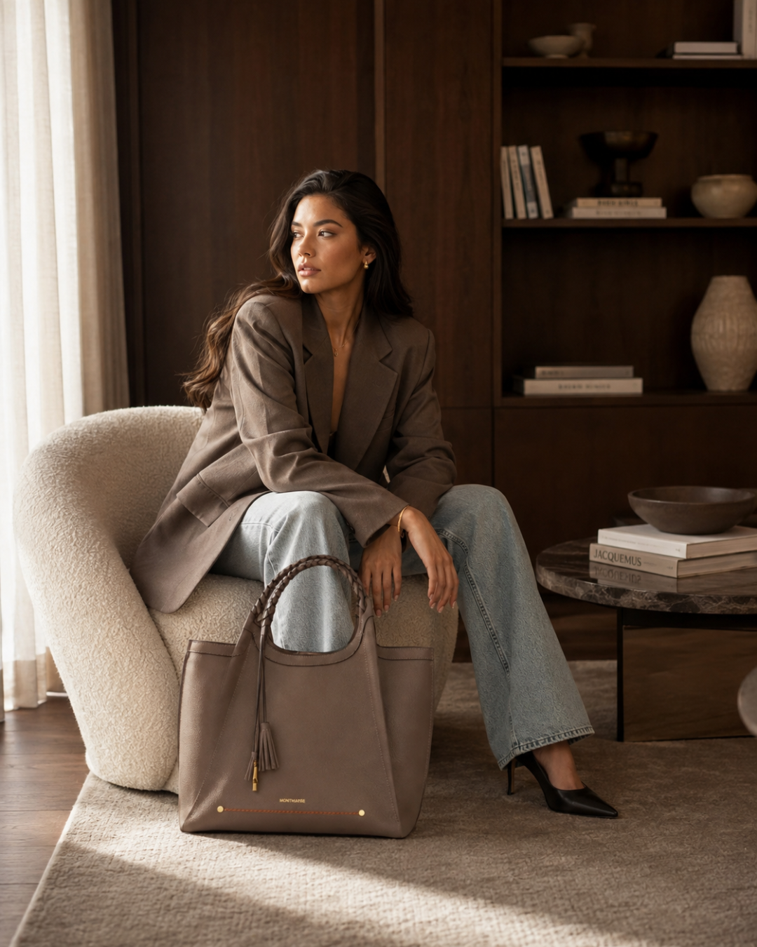 Montemare Sedona Work Tote in Cocoa Bean styled with a blazer and jeans