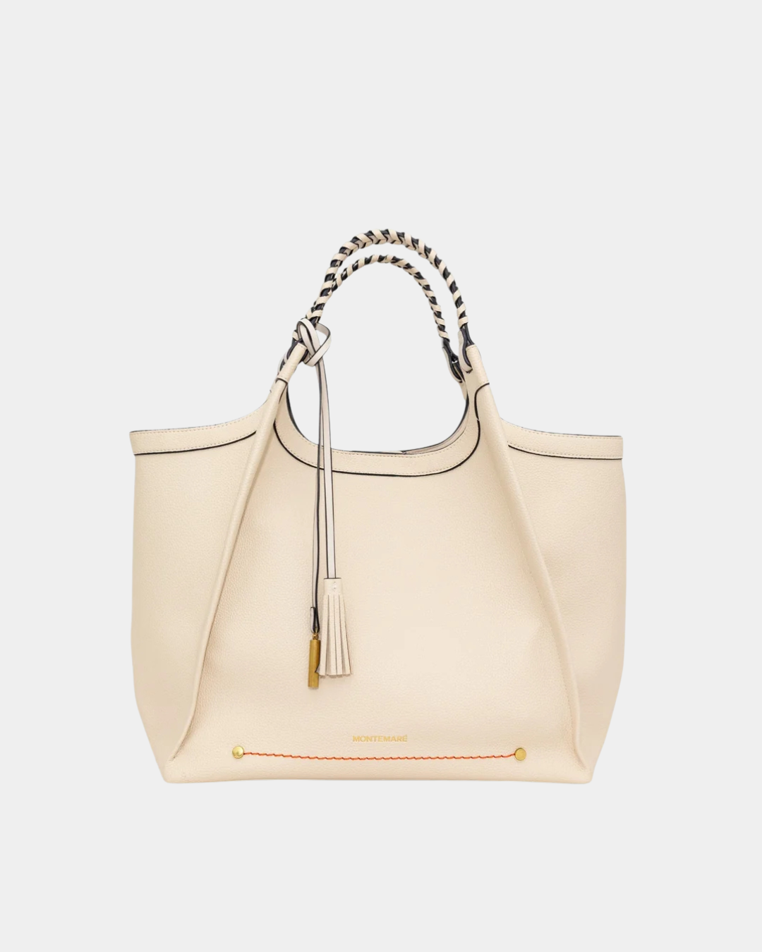 Front view of Montemare Sedona Work Tote in ivory with braided handles and tassel detail