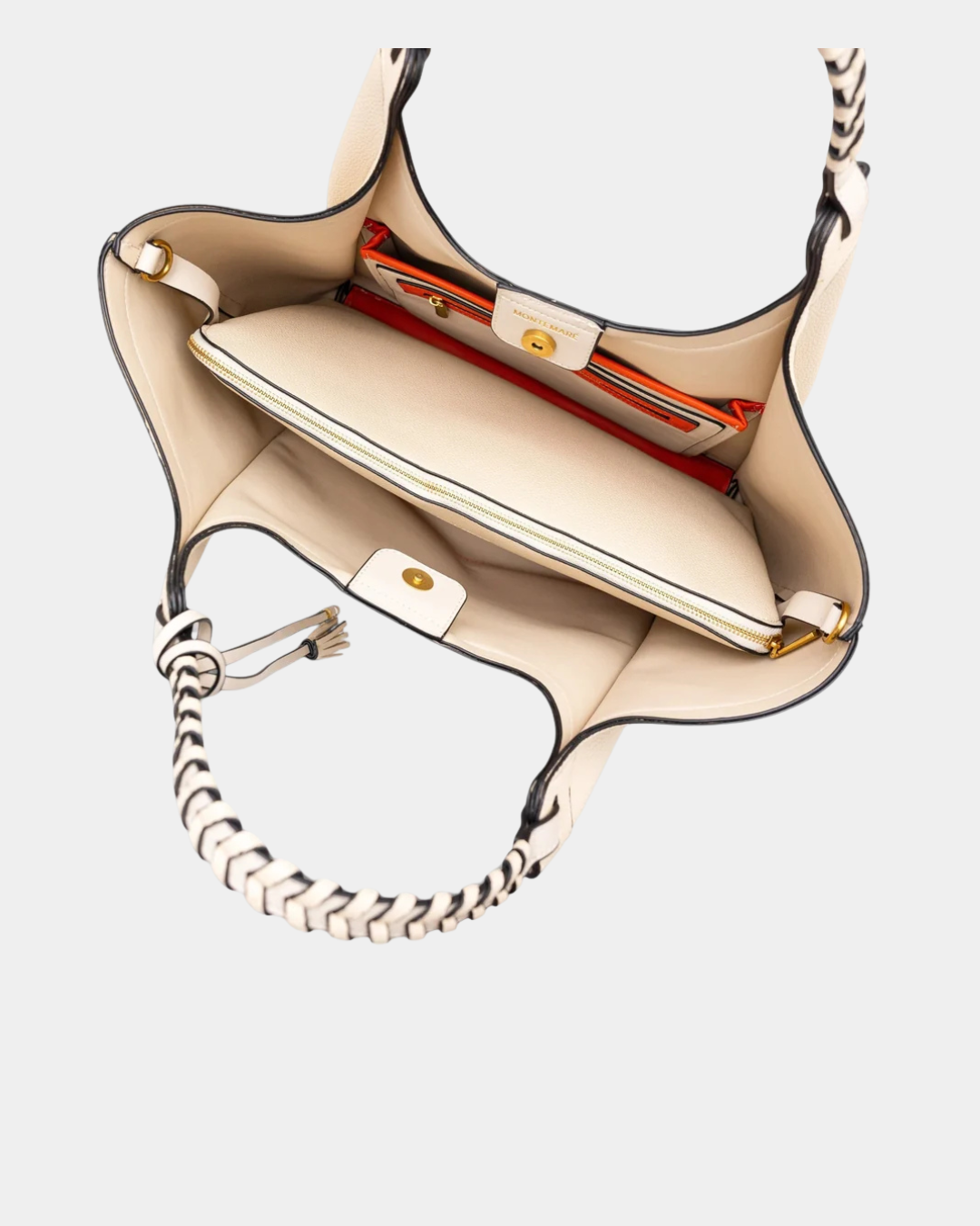 Montemare Sedona Work Tote in ivory showing interior compartments and removable zippered pouch