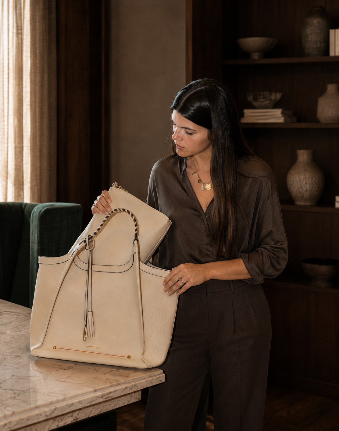 Montemare Sedona Work Tote in ivory styled with matching interior pouch